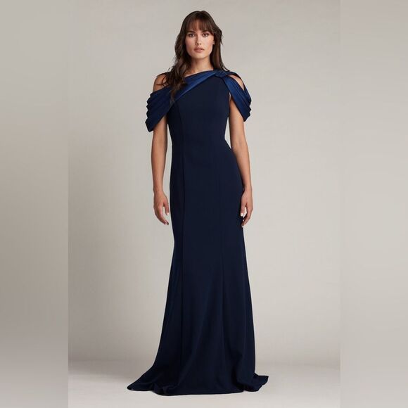 NWT Tadashi Shoji Carlene Shoulder Drape Gown Dress CY22037L Navy size 14 - Picture 1 of 2